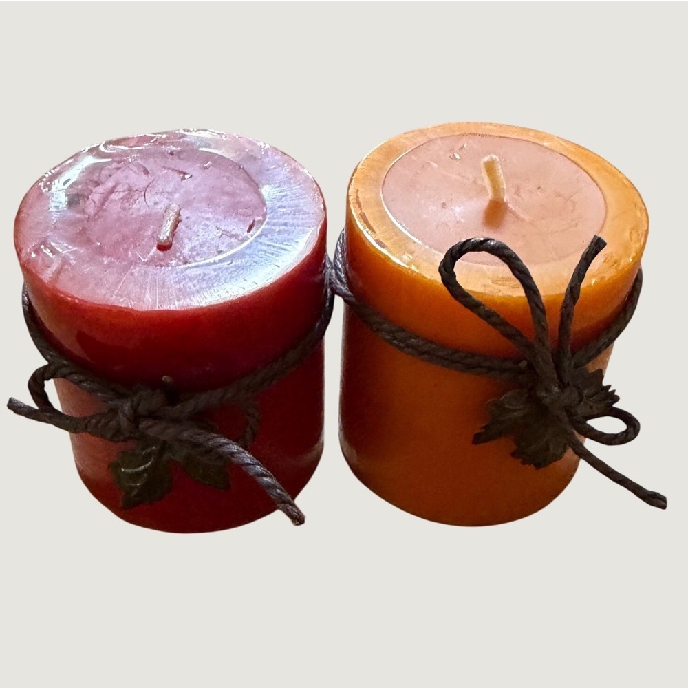 Greenbrier International Red Orange Pillar Candles Set of 2 Rustic Leaf Decor 3"
